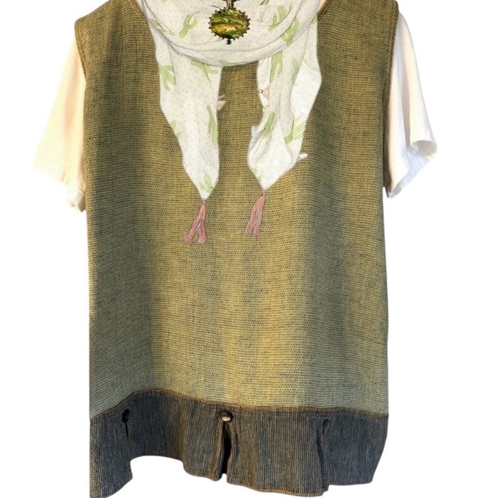 Tribal Olive Green Knit Sleeveless Top with Dark Hem